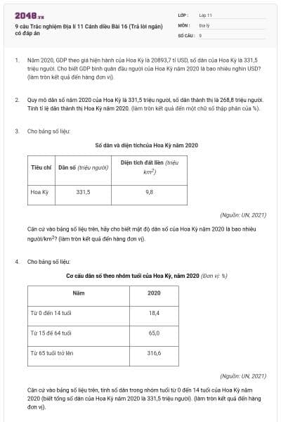 9 câu Trắc nghiệm Địa lí 11 Cánh diều Bài 16 (Trả lời ngắn) có đáp án