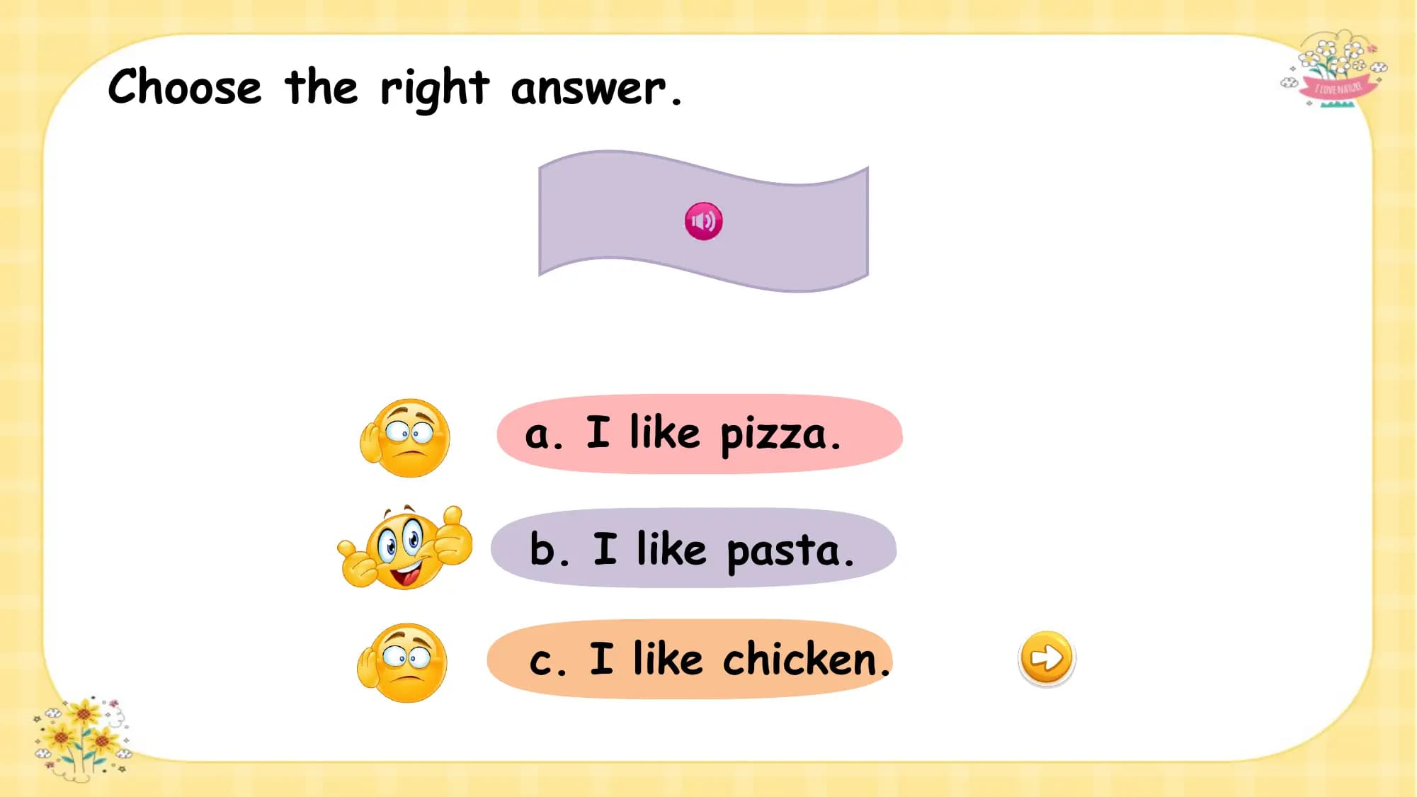 Choose the right answer.

 What is this ?
 a. I like pizza.

 b. I like pasta.

 c. I like chicken.