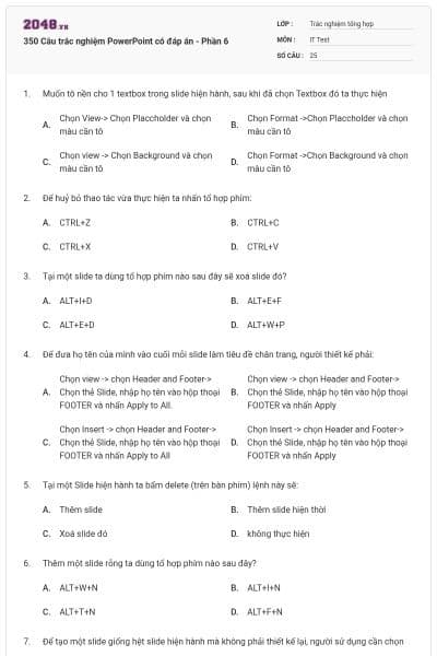 350 Câu trắc nghiệm PowerPoint có đáp án  - Phần 6