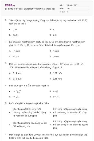 Đề thi thử THPT Quốc Gia năm 2019 môn Vật Lý (Đề số 16)