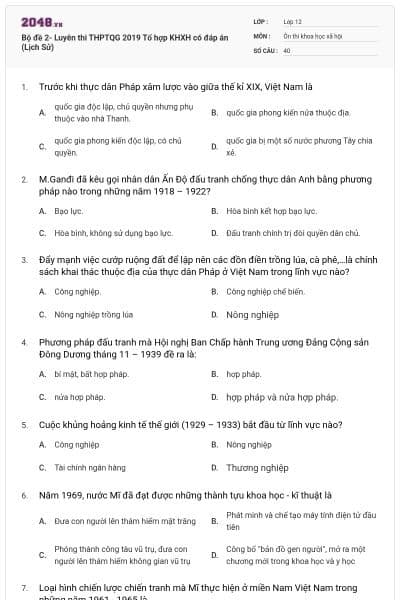 Bộ đề 2- Luyên thi THPTQG 2019 Tổ hợp KHXH có đáp án (Lịch Sử)