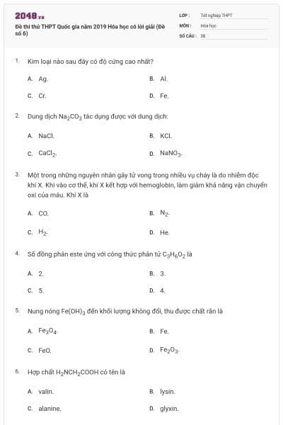 Đề thi thử THPT Quốc gia năm 2019 Hóa học có lời giải (Đề số 6)