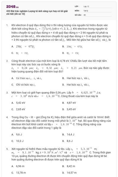 433 Bài trắc nghiệm Lượng tử ánh sáng cực hay có lời giải chi tiết (đề số 10)