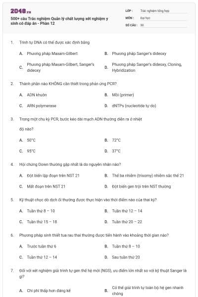 500+ câu Trắc nghiệm Quản lý chất lượng xét nghiệm y sinh có đáp án - Phần 12