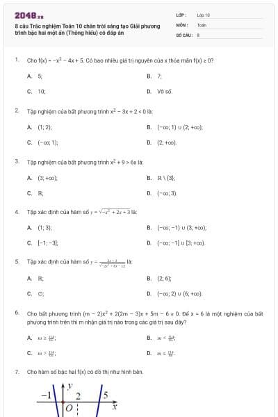 8 câu Trắc nghiệm Toán 10 chân trời sáng tạo Giải phương trình bậc hai một ẩn (Thông hiểu) có đáp án