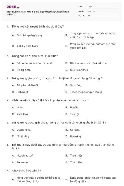 Trắc nghiệm Sinh Học 8 Bài 32: (có đáp án) Chuyển hóa (Phần 2)