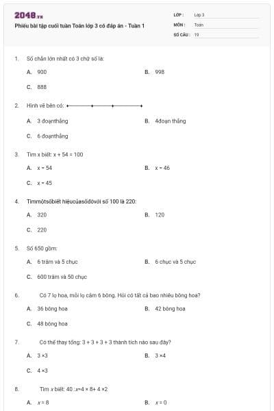 Phiếu bài tập cuối tuần Toán lớp 3 có đáp án - Tuần 1