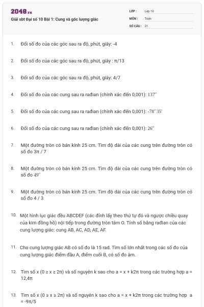 Giải sbt Đại số 10 Bài 1: Cung và góc lượng giác