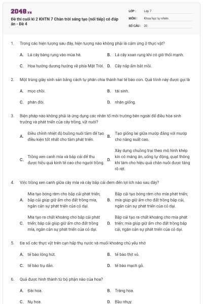 Đề thi cuối kì 2 KHTN 7 Chân trời sáng tạo (nối tiếp) có đáp án - Đề 4