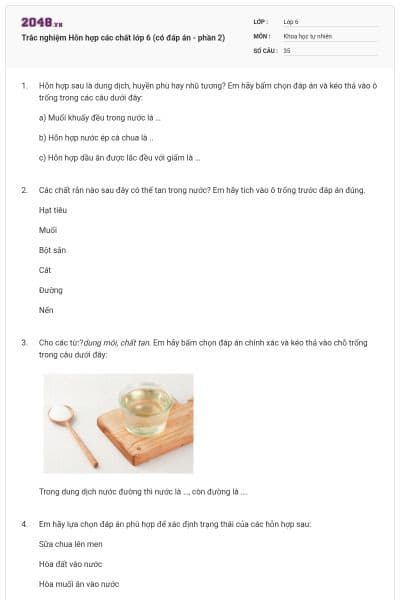 Trắc nghiệm Hỗn hợp các chất lớp 6 (có đáp án - phần 2)