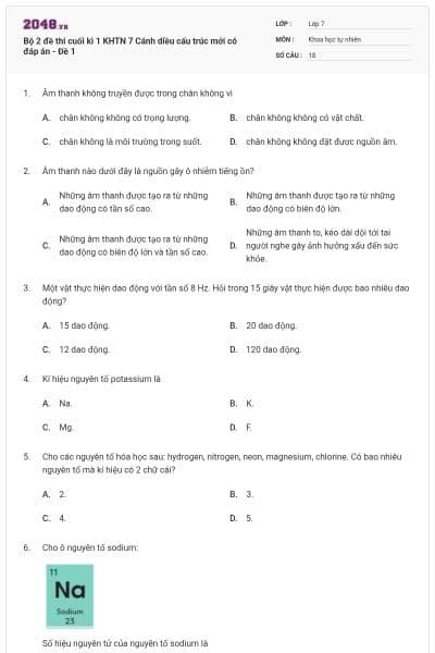 Bộ 2 đề thi cuối kì 1 KHTN 7 Cánh diều cấu trúc mới có đáp án - Đề 1