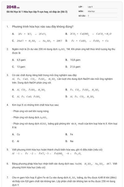 Đề thi Học kì 1 Hóa học lớp 9 cực hay, có đáp án (Đề 3)