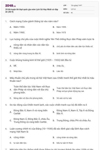 20 Đề luyện thi thpt quốc gia môn Lịch Sử Hay Nhất có đáp án (đề 9)