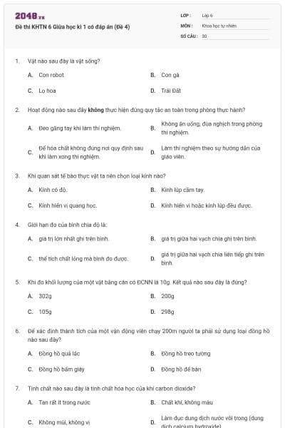 Đề thi KHTN 6 Giữa học kì 1 có đáp án (Đề 4)