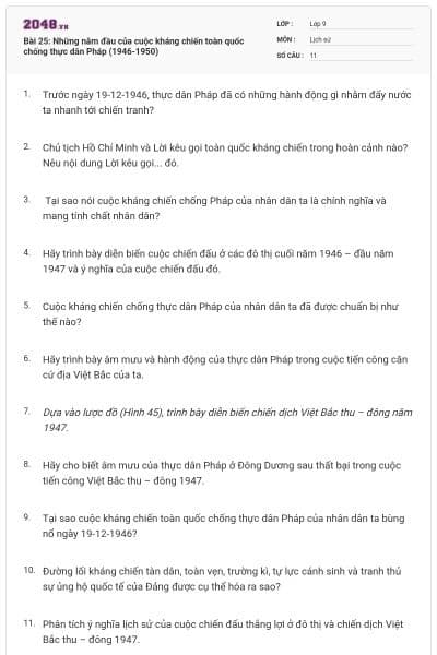 Bài 25: Những năm đầu của cuộc kháng chiến toàn quốc chống thực dân Pháp (1946-1950)