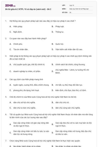 Đề thi giữa kì 2 KTPL 10 có đáp án (sách mới) - Đề 2