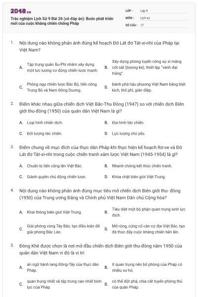 Trắc nghiệm Lịch Sử 9 Bài 26 (có đáp án): Bước phát triển mới của cuộc kháng chiến chống Pháp