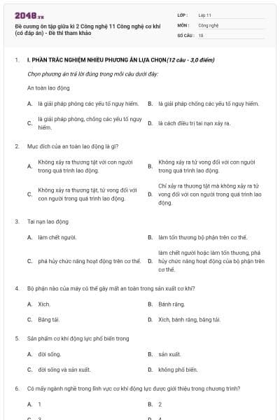Đề cương ôn tập giữa kì 2 Công nghệ 11 Công nghệ cơ khí (có đáp án) - Đề thi tham khảo