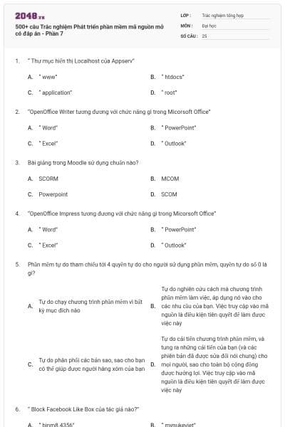 500+ câu Trắc nghiệm Phát triển phần mềm mã nguồn mở có đáp án - Phần 7