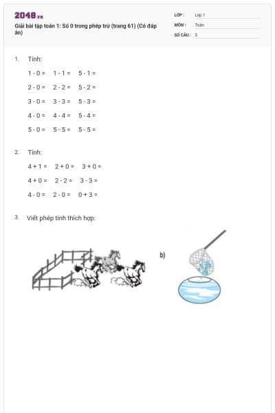 Giải bài tập toán 1: Số 0 trong phép trừ (trang 61) (Có đáp án)