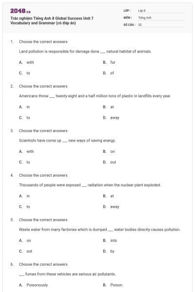 Trắc nghiệm Tiếng Anh 8 Global Success Unit 7 Vocabulary and Grammar (có đáp án)
