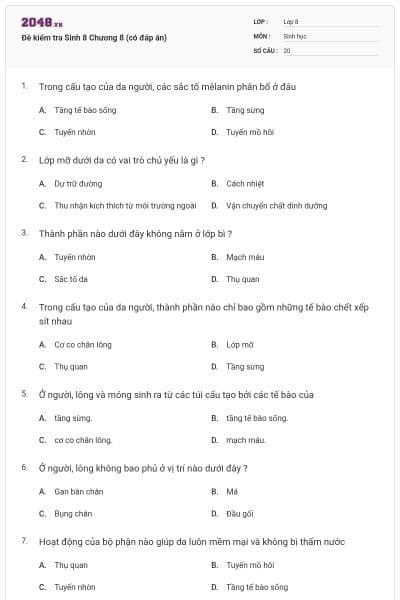 Đề kiểm tra Sinh 8 Chương 8 (có đáp án)