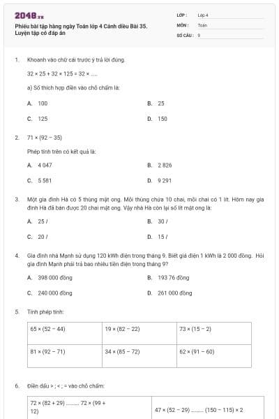 Phiếu bài tập hàng ngày Toán lớp 4 Cánh diều Bài 35. Luyện tập có đáp án