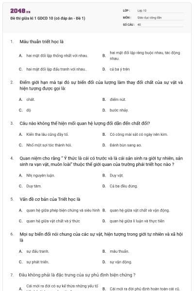 Đề thi giữa kì 1 GDCD 10 (có đáp án - Đề 1)
