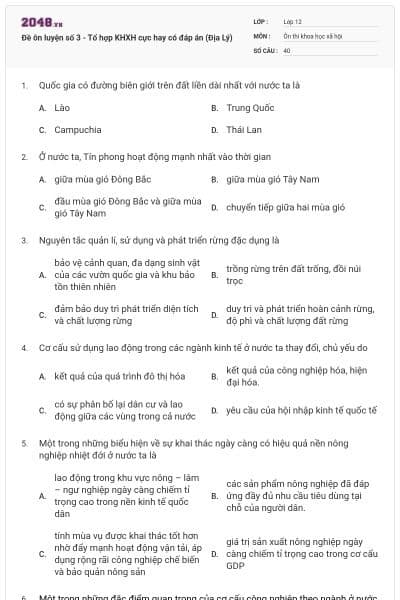 Đề ôn luyện số 3 - Tổ hợp KHXH cực hay có đáp án (Địa Lý)