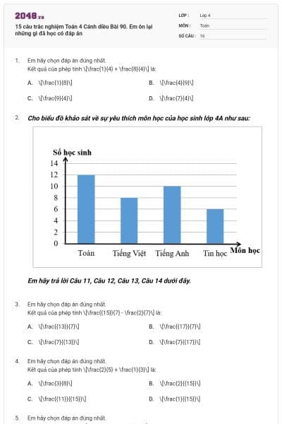 15 câu trắc nghiệm Toán 4 Cánh diều Bài 90. Em ôn lại những gì đã học có đáp án