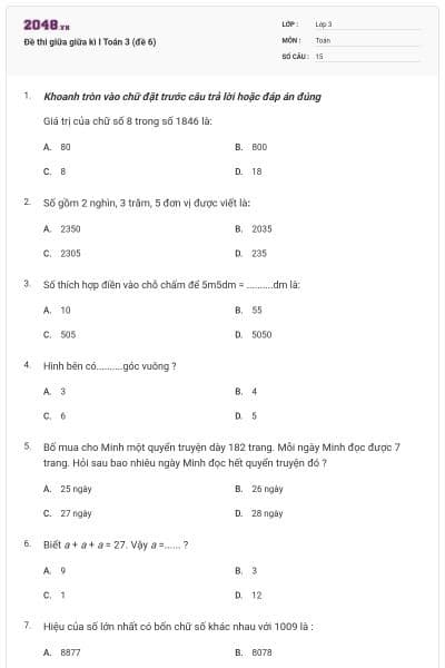 Đề thi giữa giữa kì I Toán 3 (đề 6)