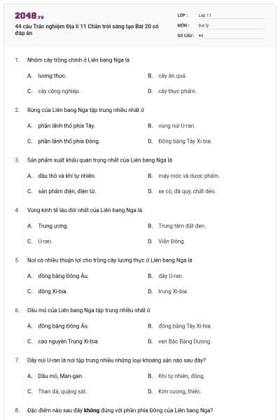 44 câu Trắc nghiệm Địa lí 11 Chân trời sáng tạo Bài 20 có đáp án