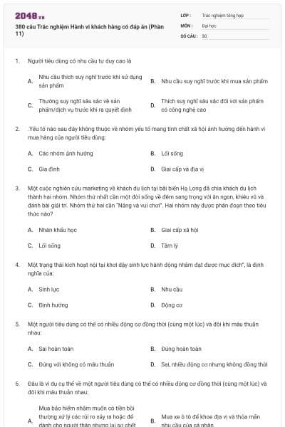 380 câu Trắc nghiệm Hành vi khách hàng có đáp án (Phần 11)