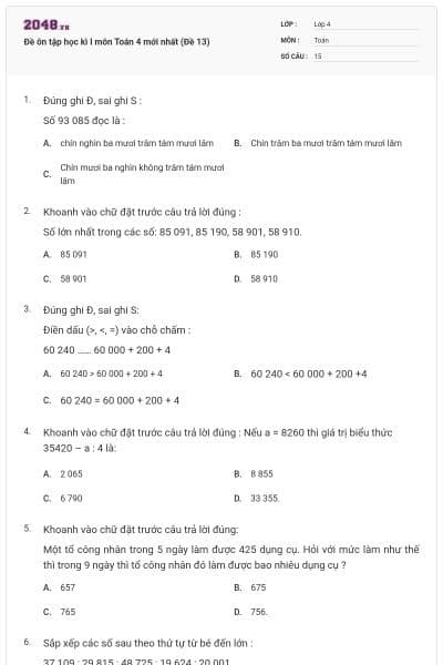 Đề ôn tập học kì I môn Toán 4 mới nhất (Đề 13)
