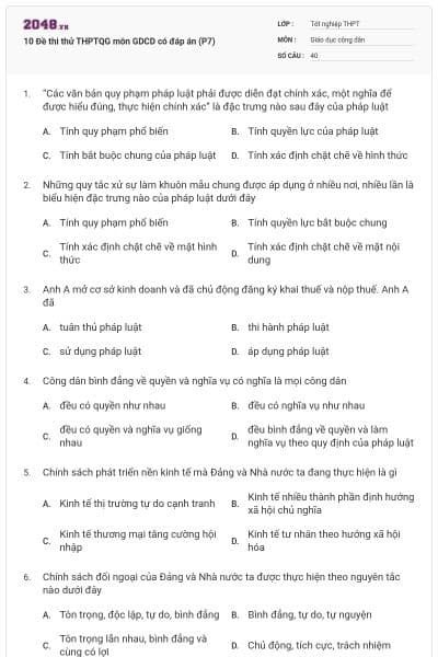 10 Đề thi thử THPTQG môn GDCD có đáp án (P7)