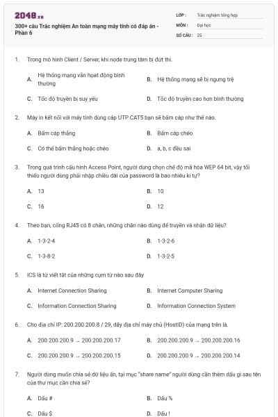 300+ câu Trắc nghiệm An toàn mạng máy tính có đáp án - Phần 6