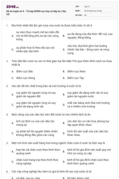 Đề ôn luyện số 4 - Tổ hợp KHXH cực hay có đáp án ( Địa Lý)