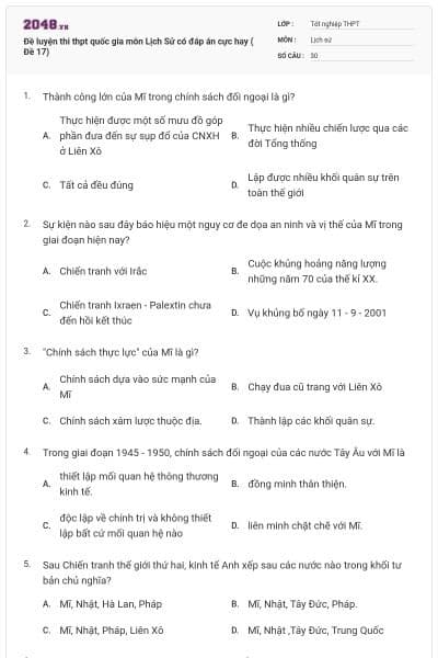 Đề luyện thi thpt quốc gia môn Lịch Sử có đáp án cực hay ( Đề 17)