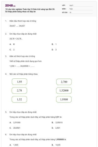 10 câu trắc nghiệm Toán lớp 5 Chân trời sáng tạo Bài 20. Số thập phân bằng nhau có đáp án