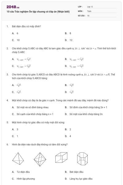 10 câu  Trắc nghiệm Ôn tập chương có đáp án (Nhận biết)