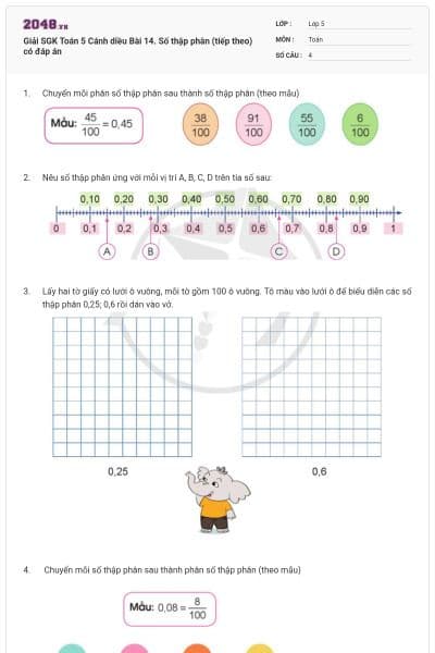 Giải SGK Toán 5 Cánh diều Bài 14. Số thập phân (tiếp theo) có đáp án
