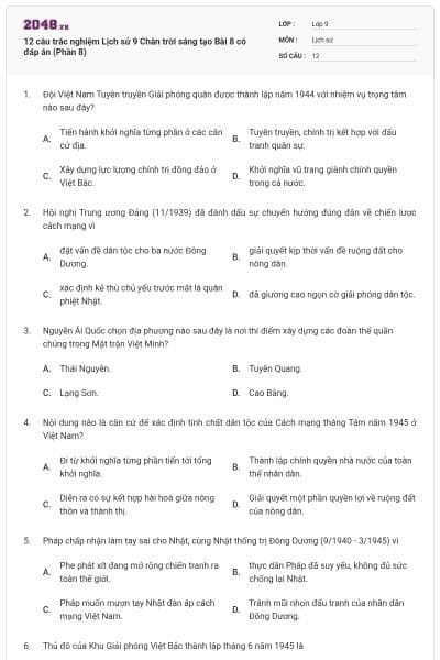 12 câu trắc nghiệm Lịch sử 9 Chân trời sáng tạo Bài 8 có đáp án (Phần 8)