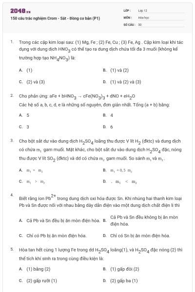 150 câu trắc nghiệm Crom - Sắt - Đồng cơ bản (P1)