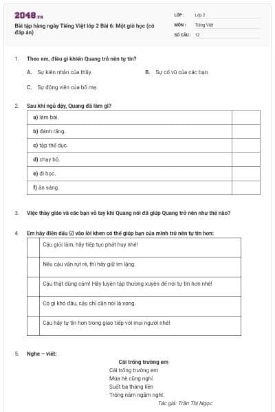 Bài tập hàng ngày Tiếng Việt lớp 2 Bài 6: Một giờ học (có đáp án)