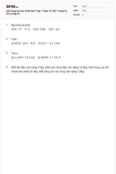Giải Cùng em học Toán lớp 5 Tập 1 Tuần 15 Tiết 1 trang 51, 52 có đáp án