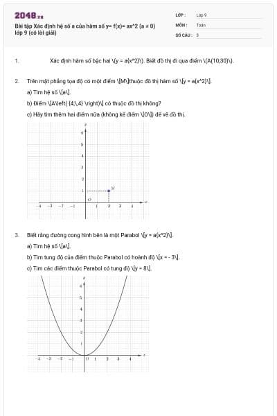 Bài tập Xác định hệ số a của hàm số y= f(x)= ax^2 (a ≠ 0) lớp 9 (có lời giải)