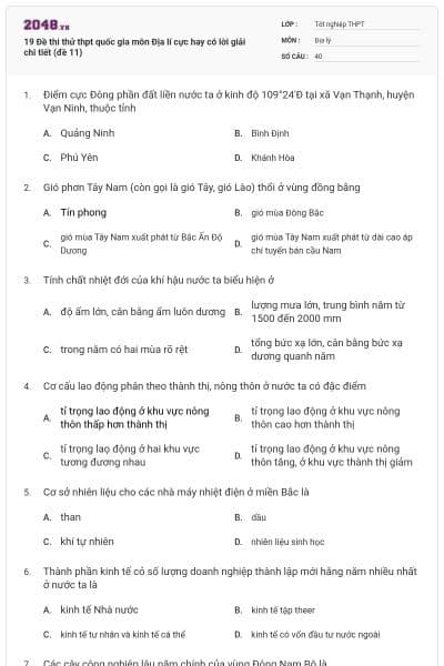 19 Đề thi thử thpt quốc gia môn Địa lí cực hay có lời giải chi tiết (đề 11)
