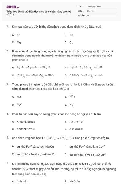 Tổng hợp đề thi thử Hóa Học mức độ cơ bản, nâng cao (Đề số 01)