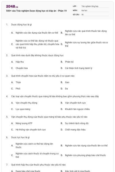 500+ câu Trắc nghiệm Dược động học có đáp án - Phần 19