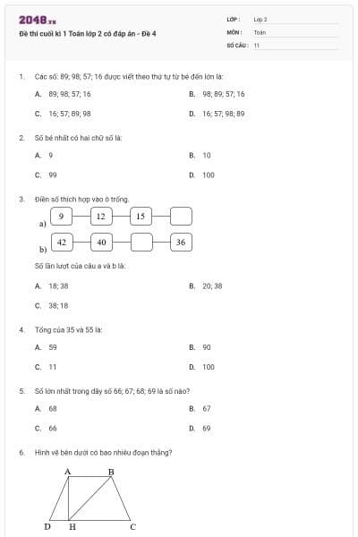 Đề thi cuối kì 1 Toán lớp 2 có đáp án - Đề 4